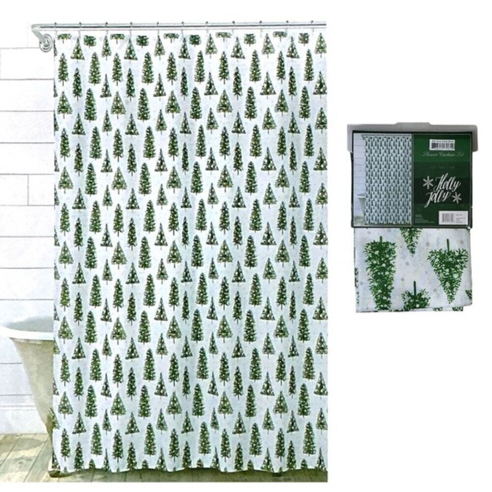 Christmas Tree Dot Shower Curtain Fabric Holiday Decor Green White 70 x 72 In
